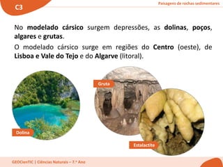 Paisagens de rochas sedimentares
C3
GEOCienTIC | Ciências Naturais – 7.o Ano
No modelado cársico surgem depressões, as dolinas, poços,
algares e grutas.
O modelado cársico surge em regiões do Centro (oeste), de
Lisboa e Vale do Tejo e do Algarve (litoral).
Dolina
Gruta
Estalactite
 