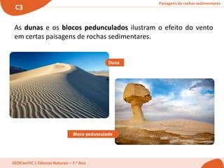 Paisagens de rochas sedimentares
C3
GEOCienTIC | Ciências Naturais – 7.o Ano
As dunas e os blocos pedunculados ilustram o efeito do vento
em certas paisagens de rochas sedimentares.
Bloco pedunculado
Duna
 