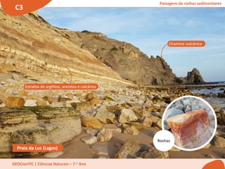 Paisagens de rochas sedimentares
C3
GEOCienTIC | Ciências Naturais – 7.o Ano
Praia da Luz (Lagos)
C3
Estratos de argilitos, arenitos e calcários
Chaminé vulcânica
Rochas
 