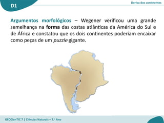 Deriva dos continentes
D1
GEOCienTIC 7 | Ciências Naturais – 7.o
Ano
Argumentos morfológicos – Wegener verificou uma grande
semelhança na forma das costas atlânticas da América do Sul e
de África e constatou que os dois continentes poderiam encaixar
como peças de um puzzle gigante.
 