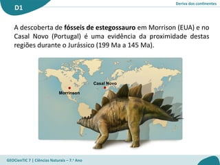 Deriva dos continentes
D1
GEOCienTIC 7 | Ciências Naturais – 7.o
Ano
A descoberta de fósseis de estegossauro em Morrison (EUA) e no
Casal Novo (Portugal) é uma evidência da proximidade destas
regiões durante o Jurássico (199 Ma a 145 Ma).
Morrinson
Casal Novo
 