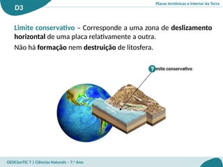 Placas tectónicas e interior da Terra
D3
GEOCienTIC 7 | Ciências Naturais – 7.o
Ano
Limite conservativo
?
Limite conservativo – Corresponde a uma zona de deslizamento
horizontal de uma placa relativamente a outra.
Não há formação nem destruição de litosfera.
 