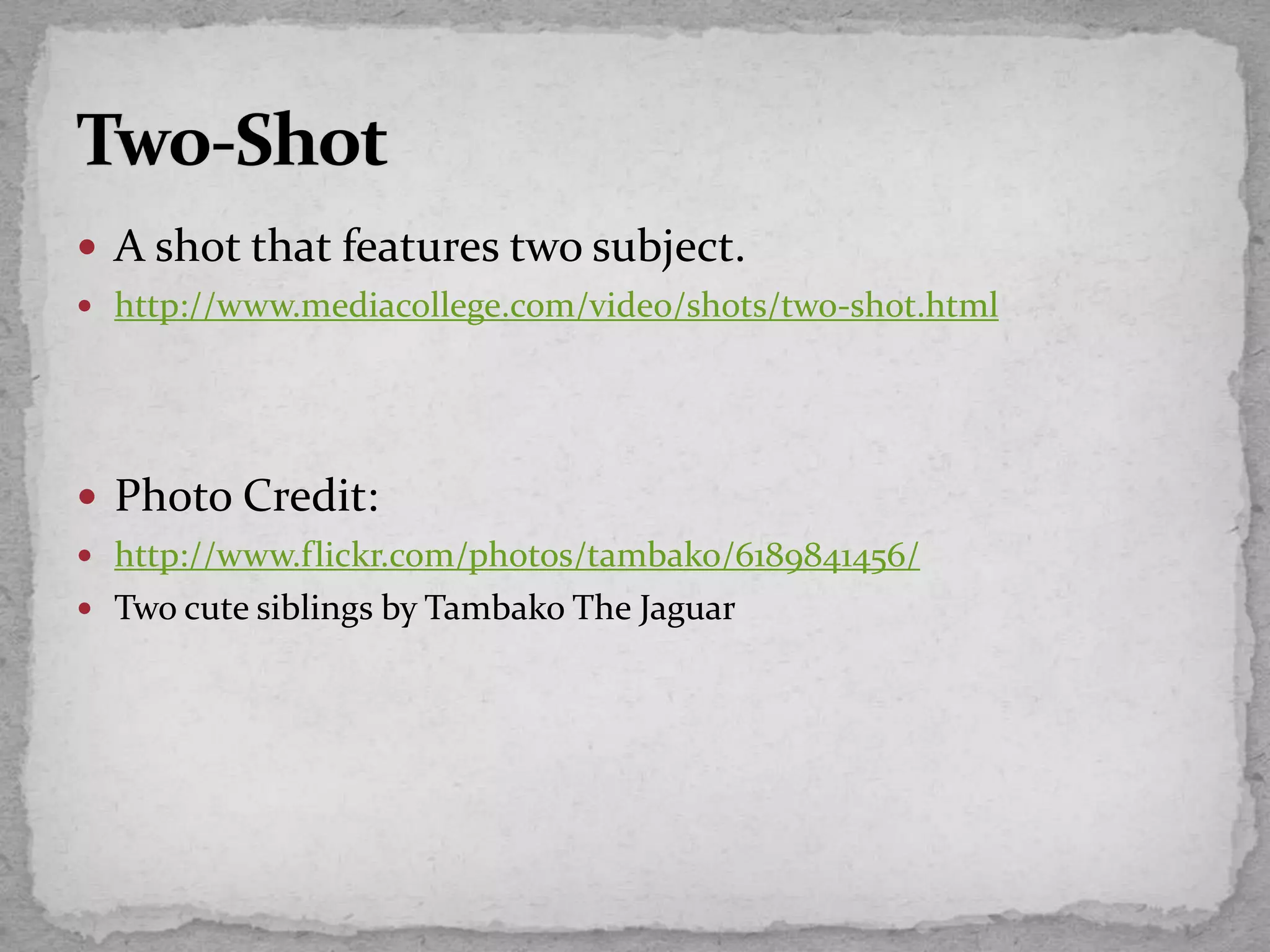  A shot that features two subject.
 http://www.mediacollege.com/video/shots/two-shot.html
 Photo Credit:
 http://www.flickr.com/photos/tambako/6189841456/
 Two cute siblings by Tambako The Jaguar
 