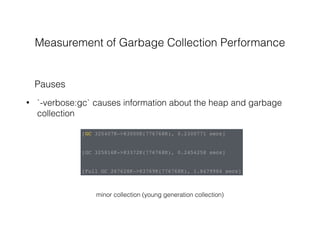 Measurement of Garbage Collection Performance
• `-verbose:gc` causes information about the heap and garbage
collection
Pauses
[GC 325407K->83000K(776768K), 0.2300771 secs]
[GC 325816K->83372K(776768K), 0.2454258 secs]
[Full GC 267628K->83769K(776768K), 1.8479984 secs]
minor collection (young generation collection)
 