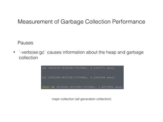 Measurement of Garbage Collection Performance
• `-verbose:gc` causes information about the heap and garbage
collection
Pauses
[GC 325407K->83000K(776768K), 0.2300771 secs]
[GC 325816K->83372K(776768K), 0.2454258 secs]
[Full GC 267628K->83769K(776768K), 1.8479984 secs]
major collection (all generation collection)
 