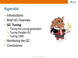 Agenda
• Introductions
• Brief GC Overview
• GC Tuning
  > Tuning the young generation
  > Tuning Parallel GC
  > Tuning CMS
• Monitoring the GC
• Conclusions


                       Copyright Sun Microsystems, Inc.   11
 