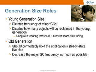 Generation Size Roles
• Young Generation Size
  > Dictates frequency of minor GCs
  > Dictates how many objects will be reclaimed in the young
    generation
     – Along with tenuring threshold + survivor space size tuning
• Old Generation
  > Should comfortably hold the application's steady-state
    live size
  > Decrease the major GC frequency as much as possible



                           Copyright Sun Microsystems, Inc.         15
 