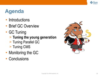 Agenda
• Introductions
• Brief GC Overview
• GC Tuning
  > Tuning the young generation
  > Tuning Parallel GC
  > Tuning CMS
• Monitoring the GC
• Conclusions


                      Copyright Sun Microsystems, Inc.   21
 