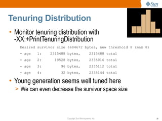 Tenuring Distribution
• Monitor tenuring distribution with
  -XX:+PrintTenuringDistribution
    Desired survivor size 6684672 bytes, new threshold 8 (max 8)
    - age   1:   2315488 bytes,                   2315488 total
    - age   2:     19528 bytes,                   2335016 total
    - age   3:        96 bytes,                   2335112 total
    - age   4:        32 bytes,                   2335144 total

• Young generation seems well tuned here
  > We can even decrease the survivor space size




                         Copyright Sun Microsystems, Inc.          29
 