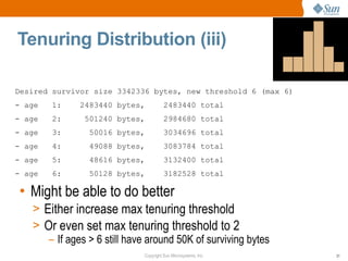 Tenuring Distribution (iii)

Desired survivor size 3342336 bytes, new threshold 6 (max 6)
- age   1:    2483440 bytes,           2483440 total
- age   2:     501240 bytes,           2984680 total
- age   3:      50016 bytes,           3034696 total
- age   4:      49088 bytes,           3083784 total
- age   5:      48616 bytes,           3132400 total
- age   6:      50128 bytes,           3182528 total

• Might be able to do better
   > Either increase max tenuring threshold
   > Or even set max tenuring threshold to 2
      – If ages > 6 still have around 50K of surviving bytes
                             Copyright Sun Microsystems, Inc.   31
 