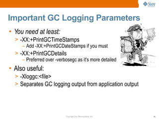 Important GC Logging Parameters
• You need at least:
  > -XX:+PrintGCTimeStamps
     – Add -XX:+PrintGCDateStamps if you must
  > -XX:+PrintGCDetails
     – Preferred over -verbosegc as it's more detailed
• Also useful:
  > -Xloggc:<file>
  > Separates GC logging output from application output




                            Copyright Sun Microsystems, Inc.   55
 