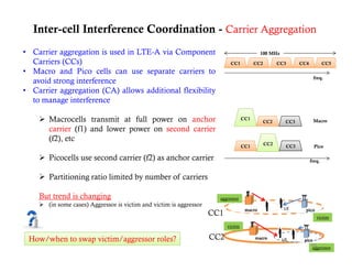 Inter-cell Interference Coordination - Carrier Aggregation
• C i aggregation i used i LTE A via C
  Carrier         ti is     d in LTE-A i Component     t                                    100 MHz
  Carriers (CCs)                                                           CC1           CC2         CC3     CC4            CC5
• Macro and Pico cells can use separate carriers to
                                                                                                                        freq.
  avoid strong interference
             g
• Carrier aggregation (CA) allows additional flexibility
  to manage interference

     Macrocells transmit at full power on anchor                                  CC1
                                                                                               CC2     CC3              Macro
      carrier (f1) and lower power on second carrier
      (f2), etc
                                                                                               CC2
                                                                                   CC1                 CC3              Pico

     Picocells use second carrier (f2) as anchor carrier                                                          freq.


     Partitioning ratio limited by number of carriers

    But trend is changing                                             aggressor
     (in some cases) Aggressor is victim and victim is aggressor
                                                                                    macro              UE
                                                                    CC1                                          pico
                                                                                                                         victim
                                                                          victim

 How/when to swap victim/aggressor roles?                           CC2                  macro        UE     S   pico
                                                                                                                    46
                                                                                                                    aggressor
 