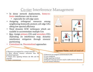 Co-tier Interference Management
• I d
  In dense network d l
                 t   k deployments, f t t
                                    t femto-to-
  femto interference can be severe
    • especially for cell edge users
• Assigning orthogonal resources among
       g g           g                        g
  neighboring femtocells protects cell edge UEs
  albeig low spectral efficiency                                      Macro-BS                               FBS-1

• Need dynamic ICIC techniques which are
  scalable to accommodate multiple Ues
• Key: Assign primary CCs and secondary CCs
  depending on interference map, dynamic                                                                     FBS-2

  interference mitigation through resource                                            FBS-3
  partitioning
                                                                   Macro UE
• Centralized vs. Decentralized approaches

                                                                      Aggressor/Victim: small cell/small cell
 Resources are assigned by a central controller
 More efficient resource utilization than the
distributed approach                                Resources are assigned autonomously by BSs
 Needs extra signaling between the BSs and the     Less complexity
controller                                          High signaling overhead
                                                       g g        g
 Highly computational                              Requires long time period to reach a stable resource allocation
                                                    Low resource efficiency

                                                                                                                     47
 