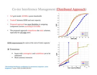 Co-tier Interference Management (Distributed Approach)

    •   5x5 grid model, 40 MHz system bandwidth

    •   Tradeoff between SINR and user capacity

    •   Proposed approach has more flexibility in assigning
        component carriers according to its traffic

    •   The proposed approach outperforms the static schemes,
        especially for cell edge users
                                 users.




    SINR i
         improvements f users at the cost of lower capacity
                      for         h        fl           i


     Extensions:

               Issues with convergence and scalabilities yet to be
                addressed
               Multi-antenna extension




“Decentralized interference coordination via autonomous component carrier
assignment,” in proc. IEEE GLOBECOM 2011                                    50
 