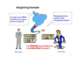 Bargaining Example 

                                                      Bargaining theory
I can give you 100$ if
                                                      and the Nash
and only if you agree
   d l
                                                      bargaining solution!
on how to share it




                     CanMight be a unsatistifactory
                         be deemed
                     Given each Man’s !
                         better scheme ! wealth!!!

      Rich Man                                            Poor Man
                                                                             64
 