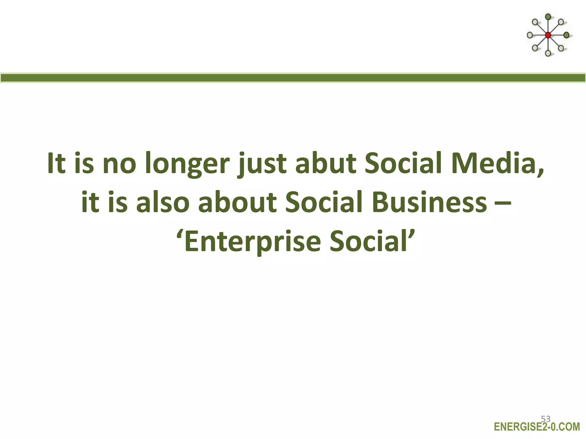 ENERGISE2-0.COM
It is no longer just abut Social Media,
it is also about Social Business –
‘Enterprise Social’
53
 
