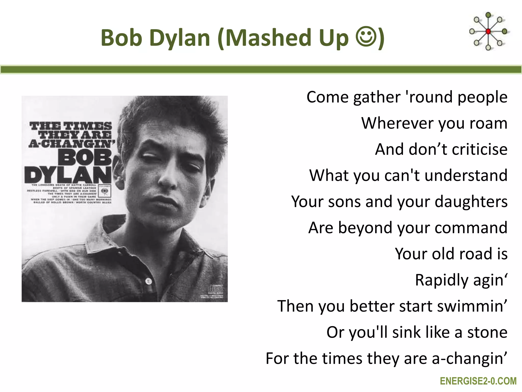 ENERGISE2-0.COM
Bob Dylan (Mashed Up )
Come gather 'round people
Wherever you roam
And don’t criticise
What you can't understand
Your sons and your daughters
Are beyond your command
Your old road is
Rapidly agin‘
Then you better start swimmin’
Or you'll sink like a stone
For the times they are a-changin’
 