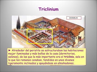 Triclinium ►  Alrededor del peristilo se estructuraban las habitaciones mejor iluminadas y más bellas de la casa (dormitorios, salones), de las que la más importante era el  triclinio , sala en la que los romanos cenaban, tendidos en unos divanes ligeramente inclinados y apoyándose en almohadones. 