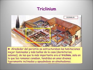 Triclinium ►  Alrededor del peristilo se estructuraban las habitaciones mejor iluminadas y más bellas de la casa (dormitor...