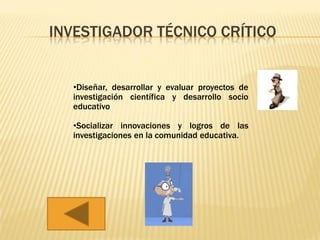 INVESTIGADOR TÉCNICO CRÍTICO


  •Diseñar, desarrollar y evaluar proyectos de
  investigación científica y desarrollo socio
  educativo

  •Socializar innovaciones y logros de las
  investigaciones en la comunidad educativa.
 