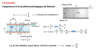 1.6 viscosité
L’expérience et la loi phénoménologique de Newton
𝑭 −−−−−→ 𝝉 =
𝑭
𝑨
La loi de Newton peut alors s’écrire comme : avec
𝜏 = 𝜇𝛾 𝛾 =
𝑑𝑈
𝑑𝑦
« 𝝉 : contrainte de cisaillement »
𝑑𝛾
𝑑𝛾 = tan 𝑑𝛾 =
𝑑𝑎
𝑙
=
𝑉𝑑𝑡
𝑙
=
𝑑𝑢
𝑑𝑦
𝑑𝑡 𝛾 =
𝑑𝛾
𝑑𝑡
=
𝑑𝑢
𝑑𝑦
 