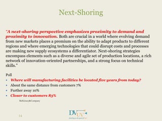 “A next-shoring perspective emphasizes proximity to demand and
proximity to innovation. Both are crucial in a world where evolving demand
from new markets places a premium on the ability to adapt products to different
regions and where emerging technologies that could disrupt costs and processes
are making new supply ecosystems a differentiator. Next-shoring strategies
encompass elements such as a diverse and agile set of production locations, a rich
network of innovation-oriented partnerships, and a strong focus on technical
skills.”
Poll
 Where will manufacturing facilities be located five years from today?
 About the same distance from customers 7%
 Further away 10%
 Closer to customers 83%
Next-Shoring
14
McKinsey&Company
 