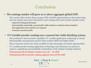  The coatings market will grow at or above aggregate global GDP.
o The market offers better than average GPM and ROI opportunities to firms that bring
into the market innovative chemistries and coatings that meet market specific needs.
o Improved coating performance
o Demonstrably sustainable, economically viable and have a reduced carbon footprint
o Fast application time and fast cure response
o Generate economic profits
 UV-Curable powder coatings are a nascent but viable finishing system.
o The productive and economic capability UV-curable application technology is clearly
demonstrable and generates greater than market GPMs and higher ROIs.
o More resources need to be made available to take advantage of market opportunities.
o UV-curable powder coating application technology and chemistry are poised to
capture a significant and profitable marketshare of the Global Coatings Industry.
o Projected growth in Radcure market 2013-18 – 7% AGR*
o Projected growth in powder coating segment 2013-18 8% AGR*
Fast – Clean & Green™
Conclusion
46
* APCJ April 2014
 