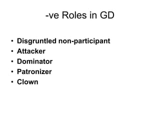 -ve Roles in GD 
• Disgruntled non-participant 
• Attacker 
• Dominator 
• Patronizer 
• Clown 
 