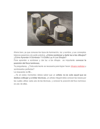 Ahora bien, ya que conoces los tipos de iluminación, luz y sombra, y sus conceptos
básicos pasemos a la parte práctica. ¿Cómo sombrear y darle luz a los dibujos?
¿Cómo Aprender A Sombrear Y A Darle Luz A Los Dibujos?
Para aprender a sombrear y dar luz a los dibujos es importante conocer la
posición del foco luminoso.
Te preguntaras, ¿Toda esta teoría es necesaria para lograr hacer dibujos realistas y
sombreados perfectos?
La respuesta es SI…
…Ya en estos momentos debes saber que un artista no es solo aquel que se
dedica a dibujar y a imitar técnicas, un artista integral debe conocer las bases por
las cuales utiliza cada una de las técnicas, y conocer la posición del foco luminoso
es una de ellas.
 