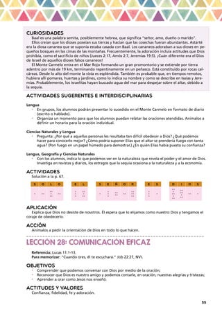 55
CURIOSIDADES
Baal es una palabra semita, posiblemente hebrea, que significa “señor, amo, dueño o marido”.
Ellos creían que los dioses poseían sus tierras y hacían que las cosechas fueran abundantes. Astarté
era la diosa cananea que se suponía estaba casada con Baal. Los cananeos adoraban a sus dioses en pe-
queños bosques en las cimas de las montañas. Frecuentemente, la adoración incluía actitudes que Dios
prohibía, como el sacrificio de niños (Jueces 2:17, Amós 2:7, Jeremías 19:5). ¡Cuán diferente era el Dios
de Israel de aquellos dioses falsos cananeos!
El Monte Carmelo entra en el Mar Rojo formando un gran promontorio y se extiende por tierra
adentro por más de 19 km, terminando repentinamente en un peñasco. Está constituido por rocas cal-
cáreas. Desde lo alto del monte la vista es espléndida. También es probable que, en tiempos remotos,
hubiera allí pomares, huertas y jardines, como lo indica su nombre y como se describe en Isaías y Jere-
mías. Probablemente, los israelitas hayan buscado agua del mar para despejar sobre el altar, debido a
la sequía.
ACTIVIDADES SUGERENTES E INTERDISCIPLINARIAS
Lengua
•	 En grupos, los alumnos podrán presentar lo sucedido en el Monte Carmelo en formato de diario
(escrito o hablado).
•	 Organiza un momento para que los alumnos puedan relatar las oraciones atendidas. Anímalos a
definir un horario para la oración individual.
Ciencias Naturales y Lengua
•	 Pregunta: ¿Por qué a aquellas personas les resultaba tan difícil obedecer a Dios? ¿Qué podemos
hacer para conocerlo mejor? ¿Cómo podría suponer Elías que el altar se prendería fuego con tanta
agua? (Pon fuego en un papel húmedo para demostrar.) ¿En quién Elías había puesto su confianza?
Lengua, Geografía y Ciencias Naturales
•	 Con los alumnos, indica lo que podemos ver en la naturaleza que revela el poder y el amor de Dios.
Investiga en revistas y diarios, los estragos que la sequía ocasiona a la naturaleza y a la economía.
ACTIVIDADES
Solución a la p. 67.
s o l o e l s e ñ o r e s d i o s
• ••
••
•
••
••
•
•
•
••
•
••
•
•
•
•
••
•• ••
••
••
••
•
•
•
•
••
•
••
•
••
••
••
•
••
•• •
APLICACIÓN
Explica que Dios no desiste de nosotros. Él espera que lo elijamos como nuestro Dios y tengamos el
coraje de obedecerlo.
ACCIÓN
Anímalos a pedir la orientación de Dios en todo lo que hacen.
_ _ _ _ _ _ _ _ _ _ _ _ _ _ _ _ _ _ _ _ _ _ _ _ _ _ _ _ _ _ _ _ _ _ _ _ _ _ _ _ _ _ _ _ _ _ _ _ _ _ _ _ _ _ _ _ _ _ _ _ _ _ _ _ _ _
LECCIÓN 28: COMUNICACIÓN EFICAZ
Referencia: Lucas 11:1-13.
Para memorizar: “Cuando ores, él te escuchará.” Job 22:27, NVI.
OBJETIVOS
•	 Comprender que podemos conversar con Dios por medio de la oración;
•	 Reconocer que Dios es nuestro amigo y podemos contarle, en oración, nuestras alegrías y tristezas;
•	 Aprender a orar como Jesús nos enseñó.
ACTITUDES Y VALORES
Confianza, fidelidad, fe y adoración.
 