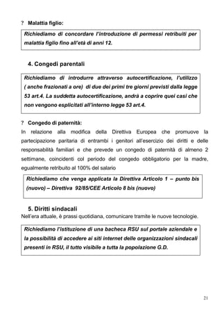? Malattia figlio:

 Richiediamo di concordare l’introduzione di permessi retribuiti per
 malattia figlio fino all’età di anni 12.



  4. Congedi parentali

 Richiediamo di introdurre attraverso autocertificazione, l’utilizzo
 ( anche frazionati a ore) di due dei primi tre giorni previsti dalla legge
 53 art.4. La suddetta autocertificazione, andrà a coprire quei casi che
 non vengono esplicitati all’interno legge 53 art.4.


? Congedo di paternità:
In relazione alla modifica della Direttiva Europea che promuove la
partecipazione paritaria di entrambi i genitori all’esercizio dei diritti e delle
responsabilità familiari e che prevede un congedo di paternità di almeno 2
settimane, coincidenti col periodo del congedo obbligatorio per la madre,
egualmente retribuito al 100% del salario

  Richiediamo che venga applicata la Direttiva Articolo 1 – punto bis
  (nuovo) – Direttiva 92/85/CEE Articolo 8 bis (nuovo)


  5. Diritti sindacali
Nell’era attuale, è prassi quotidiana, comunicare tramite le nuove tecnologie.

 Richiediamo l’istituzione di una bacheca RSU sul portale aziendale e
 la possibilità di accedere ai siti internet delle organizzazioni sindacali
 presenti in RSU, il tutto visibile a tutta la popolazione G.D.




                                                                                 21
 