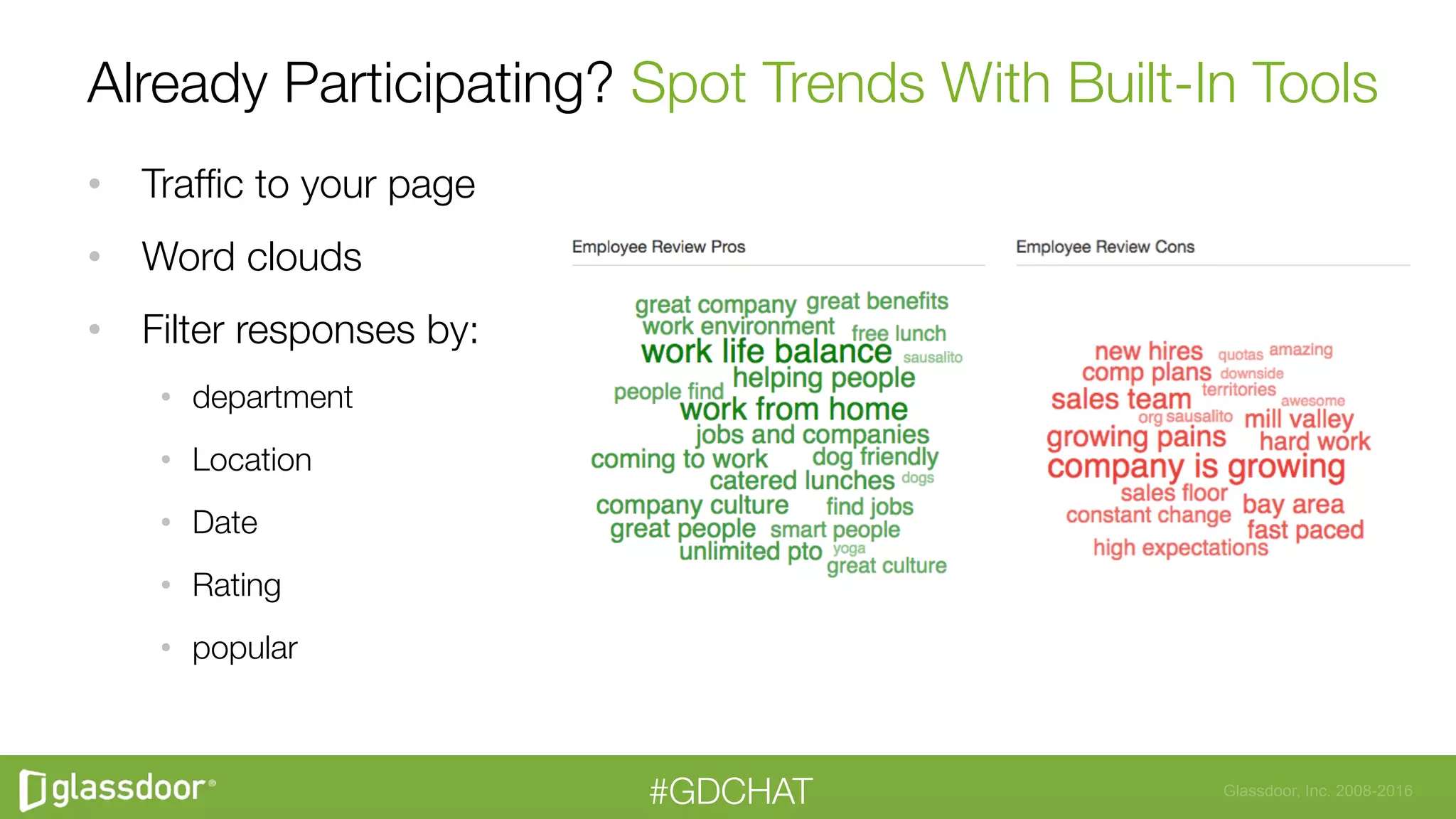 Glassdoor, Inc. 2008-2016#GDCHAT
Already Participating? Spot Trends With Built-In Tools
•  Trafﬁc to your page
•  Word clouds
•  Filter responses by:
•  department 
•  Location
•  Date
•  Rating
•  popular
 
