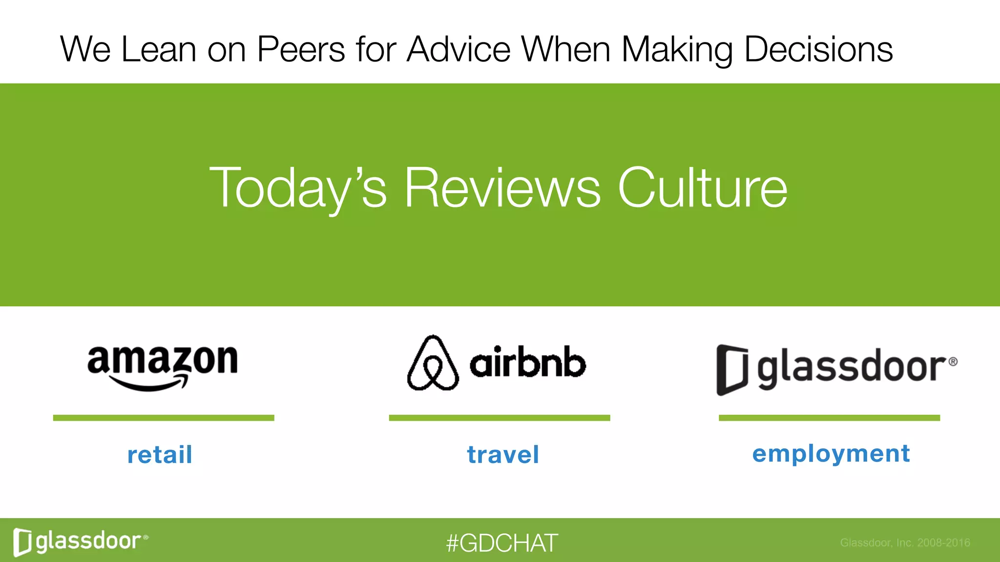 Glassdoor, Inc. 2008-2016#GDCHAT
Today’s Reviews Culture
retail
 travel
 employment
We Lean on Peers for Advice When Making Decisions
 