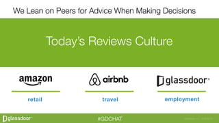 Glassdoor, Inc. 2008-2016#GDCHAT
Today’s Reviews Culture
retail
 travel
 employment
We Lean on Peers for Advice When Makin...