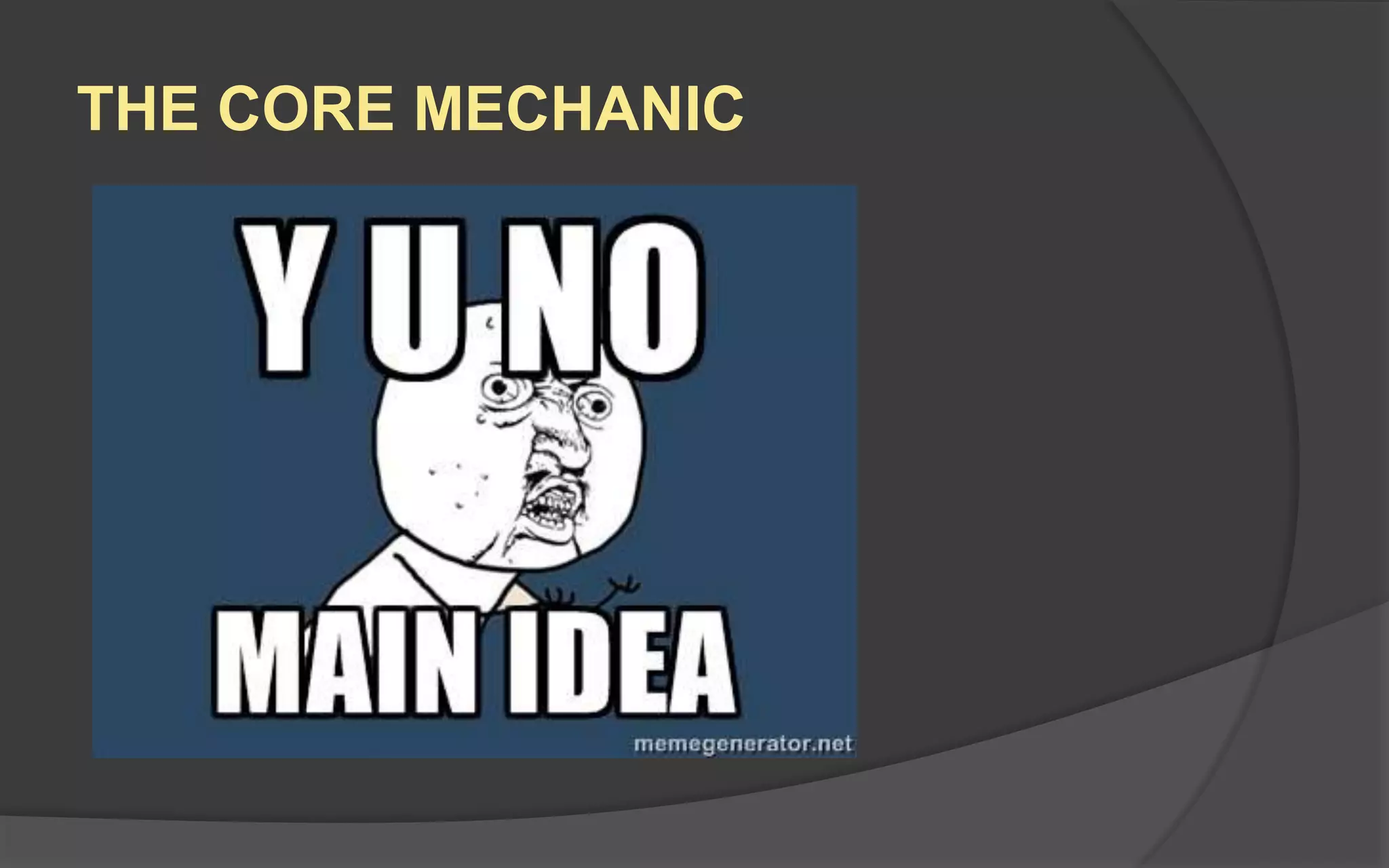 Your Class Project
1. Write A Concept Proposal
2. Prototype The Core Mechanic
3. Add Structural Elements
4. Add Dramatic Elements
5. Balance the Dynamic Elements
 
