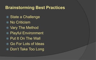Designing For Innovation
 Design games with unique play mechanics – think
beyond the existing genres of play
 Appeal to new players – people who have different
tastes and skills than hardcore players
 Try to solve difficult design problems like:
 Integration of story and gameplay
 Deeper empathy for characters in games
 Creating emotionally rich gameplay
 Discovering the relationships between games and learning
 Ask difficult questions about what games are, what
they can be, and what their impact is on us individually
and culturally
 
