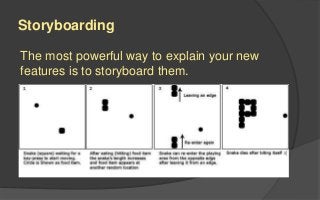 Storyboarding
The most powerful way to explain your new
features is to storyboard them.
 