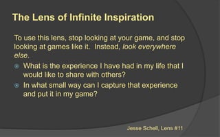 Step 1: Brainstorming
 Set player experience goals
 Come up with game concepts or
mechanics
 Narrow down the list to the top three
 Write up short, one page description of
each
 Test your written concepts with potential
players
 