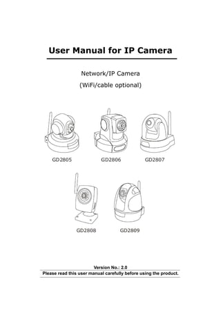 User Manual for IP Camera

                  Network/IP Camera
                 (WiFi/cable optional)




                        Version No.: 2.0
Please read this user manual carefully before using the product.
 