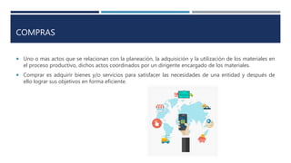 COMPRAS
 Uno o mas actos que se relacionan con la planeación, la adquisición y la utilización de los materiales en
el proceso productivo, dichos actos coordinados por un dirigente encargado de los materiales.
 Comprar es adquirir bienes y/o servicios para satisfacer las necesidades de una entidad y después de
ello lograr sus objetivos en forma eficiente.
 