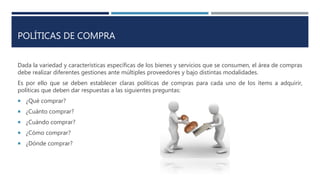 POLÍTICAS DE COMPRA
Dada la variedad y características específicas de los bienes y servicios que se consumen, el área de compras
debe realizar diferentes gestiones ante múltiples proveedores y bajo distintas modalidades.
Es por ello que se deben establecer claras políticas de compras para cada uno de los ítems a adquirir,
políticas que deben dar respuestas a las siguientes preguntas:
 ¿Qué comprar?
 ¿Cuánto comprar?
 ¿Cuándo comprar?
 ¿Cómo comprar?
 ¿Dónde comprar?
 