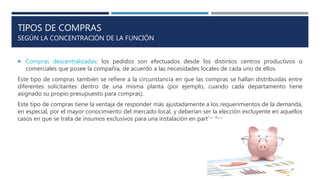 TIPOS DE COMPRAS
SEGÚN LA CONCENTRACIÓN DE LA FUNCIÓN
 Compras descentralizadas: los pedidos son efectuados desde los distintos centros productivos o
comerciales que posee la compañía, de acuerdo a las necesidades locales de cada uno de ellos.
Este tipo de compras también se refiere a la circunstancia en que las compras se hallan distribuidas entre
diferentes solicitantes dentro de una misma planta (por ejemplo, cuando cada departamento tiene
asignado su propio presupuesto para compras).
Este tipo de compras tiene la ventaja de responder más ajustadamente a los requerimientos de la demanda,
en especial, por el mayor conocimiento del mercado local, y deberían ser la elección excluyente en aquellos
casos en que se trata de insumos exclusivos para una instalación en particular.
 