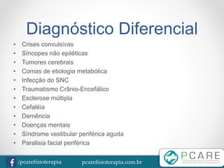 pcarefisioterapia.com.br/pcarefisioterapia
Diagnóstico Diferencial
• Crises convulsivas
• Síncopes não epiléticas
• Tumores cerebrais
• Comas de etiologia metabólica
• Infecção do SNC
• Traumatismo Crânio-Encefálico
• Esclerose múltipla
• Cefaléia
• Demência
• Doenças mentais
• Síndrome vestibular periférica aguda
• Paralisia facial periférica
 
