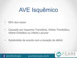 pcarefisioterapia.com.br/pcarefisioterapia
AVE Isquêmico
• 90% dos casos
• Causado por Isquemia Transitória, Infarto Trombótico,
Infarto Embólico ou Infarto Lacunar
• Subdividido de acordo com a duração do déficit
 