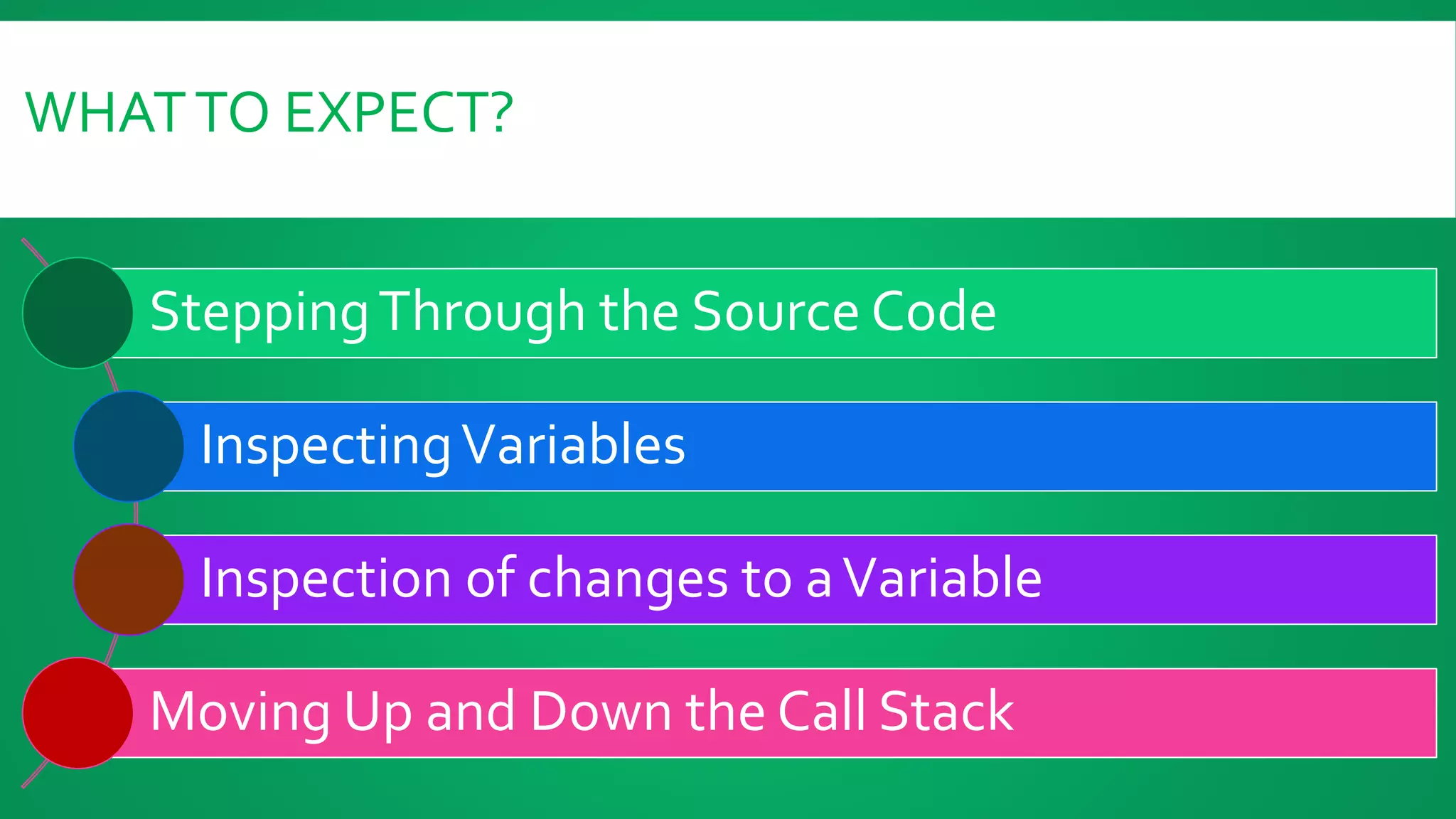 WHATTO EXPECT?
SteppingThrough the Source Code
InspectingVariables
Inspection of changes to aVariable
Moving Up and Down the Call Stack
 