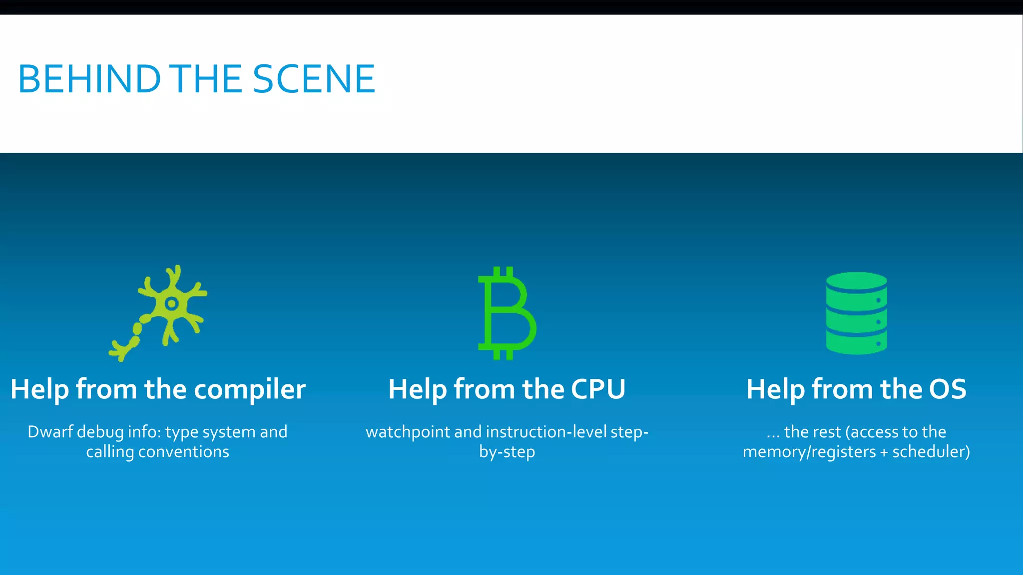 Help from the compiler
Dwarf debug info: type system and
calling conventions
Help from the CPU
watchpoint and instruction-level step-
by-step
Help from the OS
... the rest (access to the
memory/registers + scheduler)
BEHINDTHE SCENE
 