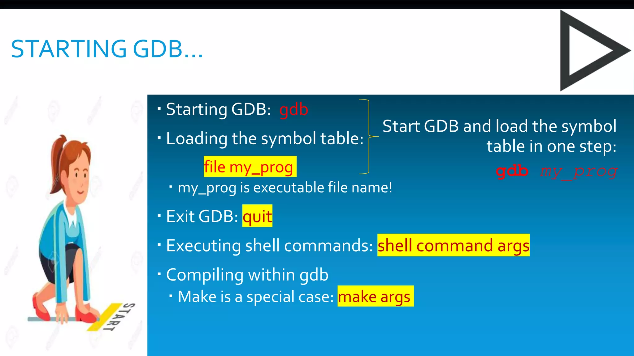 STARTING GDB…
 Starting GDB: gdb
 Loading the symbol table:
file my_prog
 my_prog is executable file name!
 Exit GDB: quit
 Executing shell commands: shell command args
 Compiling within gdb
 Make is a special case: make args
Start GDB and load the symbol
table in one step:
gdb my_prog
 
