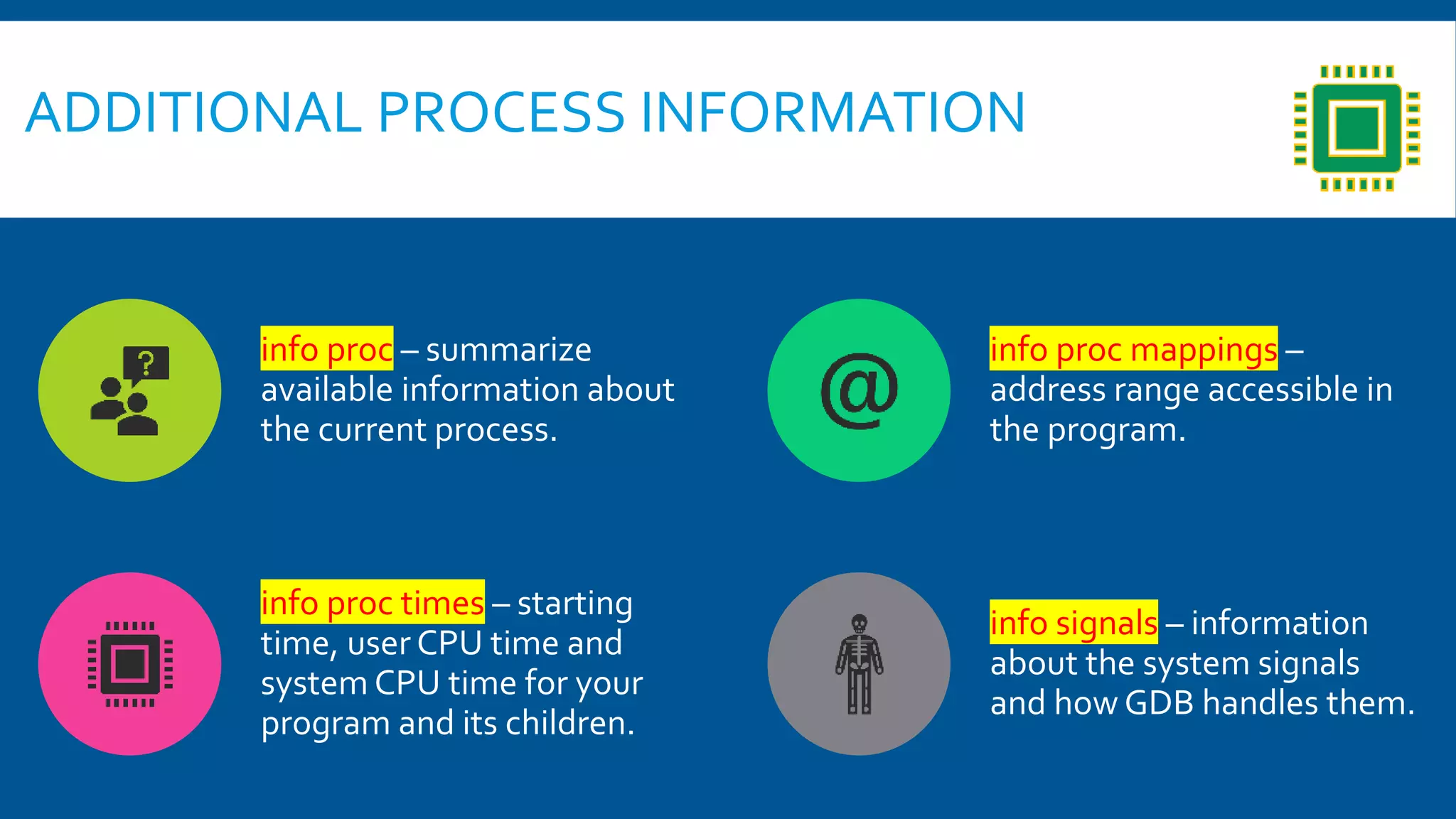 info proc – summarize
available information about
the current process.
info proc mappings –
address range accessible in
the program.
info proc times – starting
time, user CPU time and
system CPU time for your
program and its children.
info signals – information
about the system signals
and how GDB handles them.
ADDITIONAL PROCESS INFORMATION
 