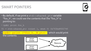 SMART POINTERS
 By default, if we print a std::shared_ptr variable
”foo_h", we could see the contents that the ”foo_h" is
pointing to:
 (gdb) print foo_h
$1 = std::shared_ptr (count 1, weak 0) 0x7f2ba8002740
 (gdb) print (*foo_h._M_ptr) - which would print
the contents
 