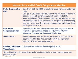 Ways to Earn as GDB Credit Cooperative Member
Dollar Compensation      Earn from $50 to $800 every time coop members under you
Plan                     cycle.
                         Earn $5 to $10 Direct Referral. Every time you refer someone to
                         become cooperative member, you will receive $5 to $10.
                         Since you already filled up your initial 2 direct referrals on your
                         left and right side, those you refer will be spilled over to the coop
                         members under you. This promotes cooperation by helping those
                         under you to earn also.
Peso Power               To qualify for the Peso Power Incentives, you only need 2 direct
Compensation Plan        referrals to earn unlimited P500 and P15,000 to P45,000
                         incentives. Our system will generate this for you.
Sector Center            You can apply for a sector center to earn sector income. You will
                         be given fund for 12 e-Pins, earn $1.5 (P60) per registered
                         members, P50 per loan processing, etc.

E-Books, Softwares &     Download and resell and keep the profits 100%.
Videos Resale
*More incentives. All transactions can be monitored online in your member panel site
provided to you.                  Join Now: Contact 09392369981
 July 15, 2012
                                      jdb.ecoop@gmail.com
 